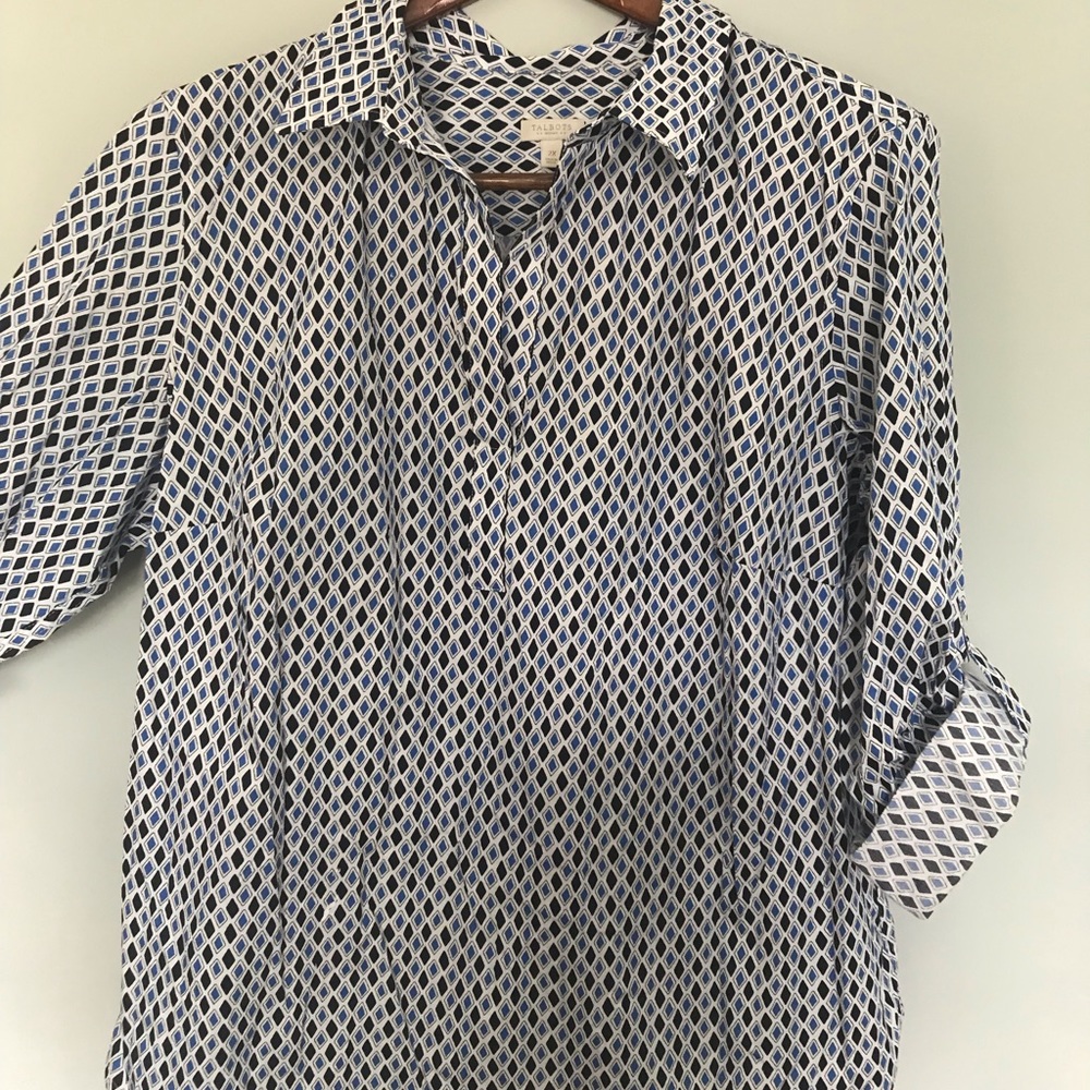 Talbots blouse with black and blue Diamond print